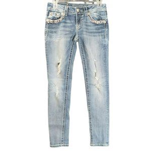 Miss Me Jeans Size 26 Distressed Ankle Skinny Rhinestones Leather Appliques